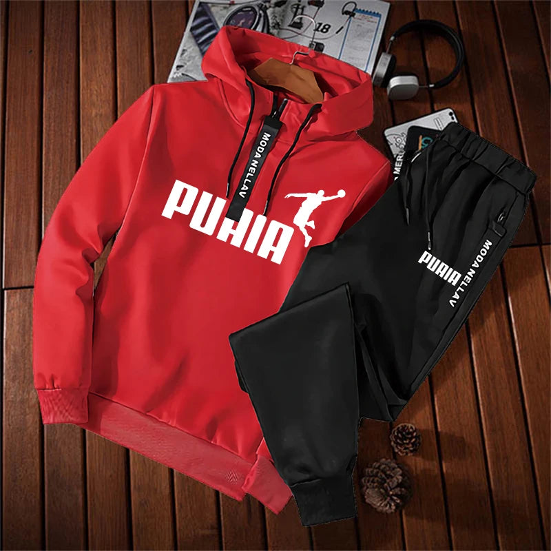 Men Outfit Sweatshirts Sweatpants 2 Piece Set Printing Tracksuit Zipper Hoodies Pants Casual Jogging Trousers Sportwear Clothing