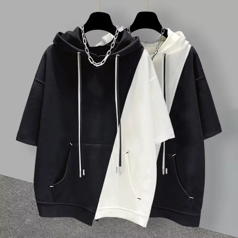 2024 Summer Half Sleeve Hoodies T-shirt Sweatshirts Men Hooded Casual Young Hip Hop Male Lace Up Hoodies American Retro y2k